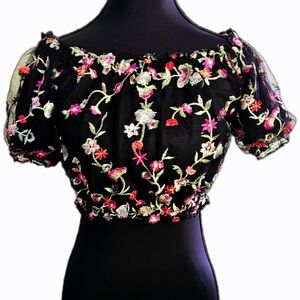 Ambiance Black Floral Off-Shoulder Crop Top Size S